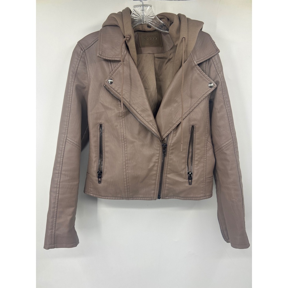 Anthropologie Blank NYC Meant to Be Moto Taupe Removable Hood Leather Jacket S